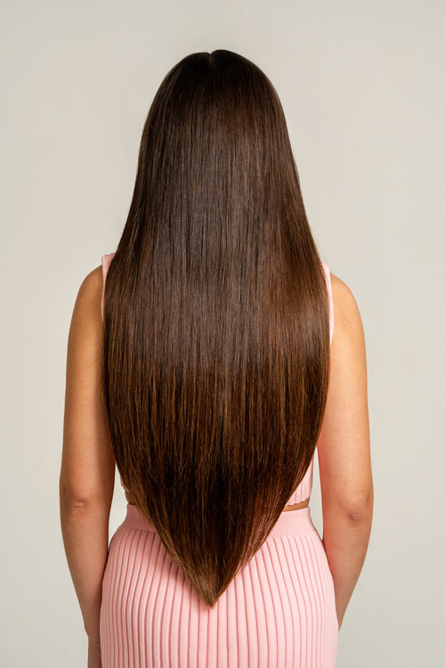 weft extensions on model - model after makeover