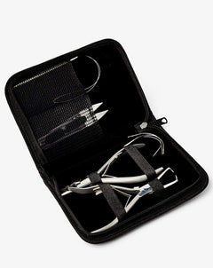 hairtalk weft tools set in black case: bead opening claw tool, needle nose pliers, scissors, bead looping tool, "C" needles