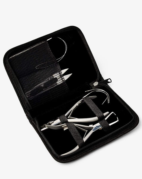 hairtalk weft tools set in black case: bead opening claw tool, needle nose pliers, scissors, bead looping tool, "C" needles