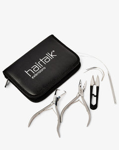 hairtalk weft tools set in black case: bead opening claw tool, needle nose pliers, scissors, bead looping tool, "C" needles