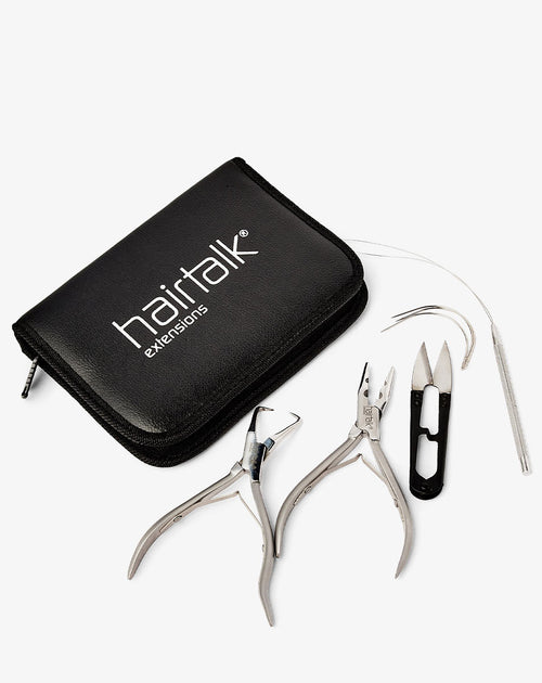 hairtalk weft tools set in black case: bead opening claw tool, needle nose pliers, scissors, bead looping tool, "C" needles