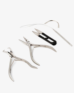 hairtalk weft tools set: bead opening claw tool, needle nose pliers, scissors, bead looping tool, "C" needles