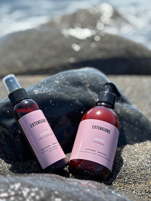 care products for hair extensions - careMe! balsam and leave-in conditioner at the beach