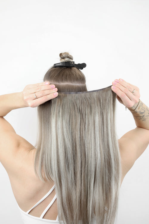 makeover with human clip-in hair in rooted grey balayage color