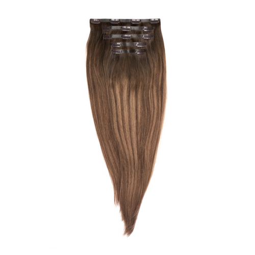 human hair clip in hair extensions color rooted brown balayage