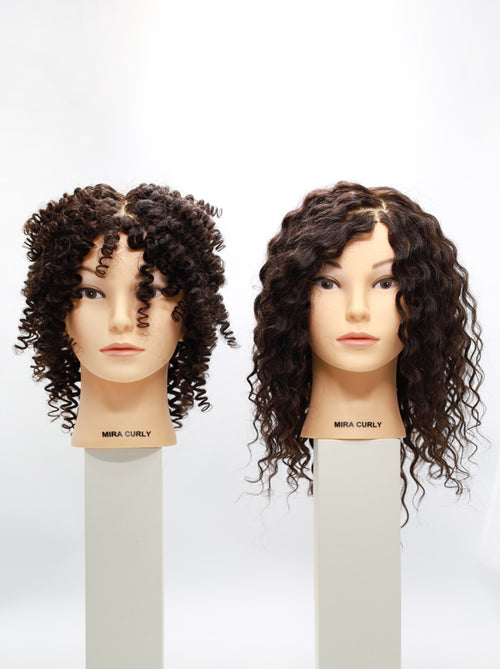 mira curly training head with curly hair