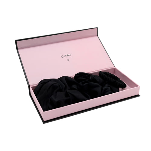 three black silk scrunchies - tieMe! set in elegant black-pink box