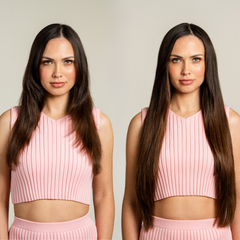 hair extensions makeover - before and after model with brown hair extensions