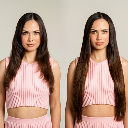 hair extensions makeover - before and after model with brown hair extensions