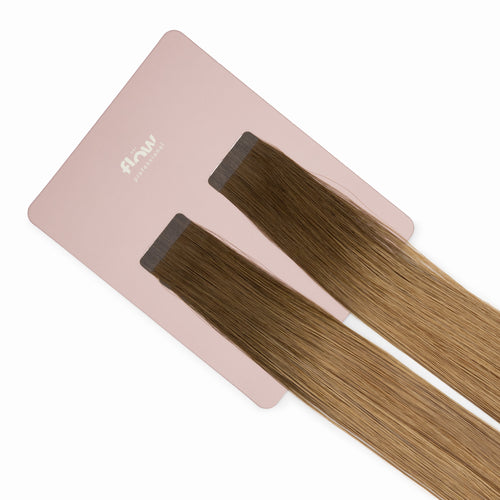 tejpfästen av äkta hår her flow STANDARD TAPE 3 CM – brun med mörk utväxt