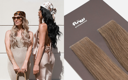 hair extensions models promoting her flow pro - blonde and black hair extensions - banner