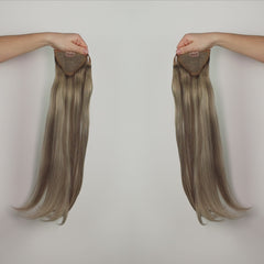 hästsvans av äkta hår 120g extendMe! - rotad grå balayage