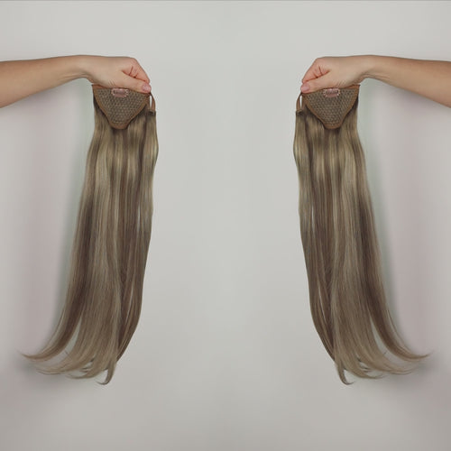 hästsvans av äkta hår 120g extendMe! - rotad grå balayage